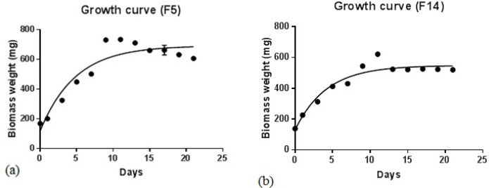 Growth curves of Fischerella species, F5 (a) and F14 (b), in BG-11 culture medium at 25 ºC under 16:8 h light /dark condition