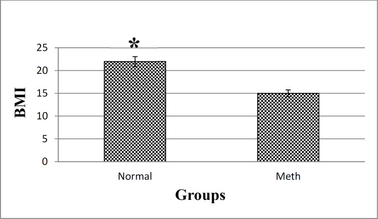 BMI in Meth and Normal groups. The results showed that a significant decrease in the BMI of Meth groups compare to Normal groups.*P < 0.05