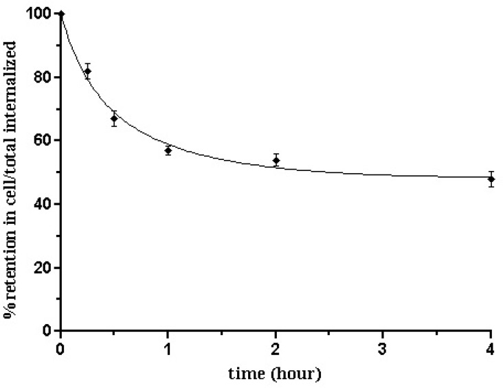 Externalization over time for 99mTc-Tricin-HYNIC-peptide into B16/F10 cells. Data result from two independent experiments with triplicates in each experimentand are expressed as percentage of total internalized amount