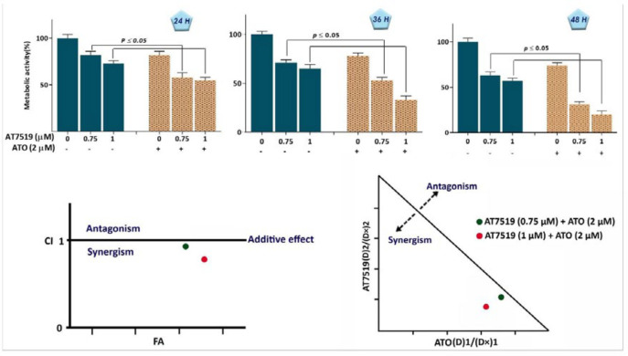 AT7519 and arsenic trioxide (ATO) co-treatment resulted in a superior cytotoxicity in KG-1 cells. (A) AT7519 could amplify the anti-cancer impact of ATO on KG-1 cells. (B) The results of both combination index (CI) and isobologram pointed out the synergistic effect between AT7519 and ATO. Values are given as mean ± SD of three independent experiments. *P ≤ 0.05 represents significant changes from untreated control