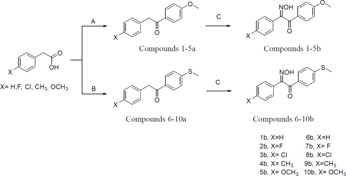 Synthetic route for compounds 1-10b. A: (TFAA, H3PO4, Anisole, rt, stirr), B: (TFAA, H3PO4, Thioanisole, rt, stirr), C: (CH3OH, NaOCH3, BuONO, rt, stirr)