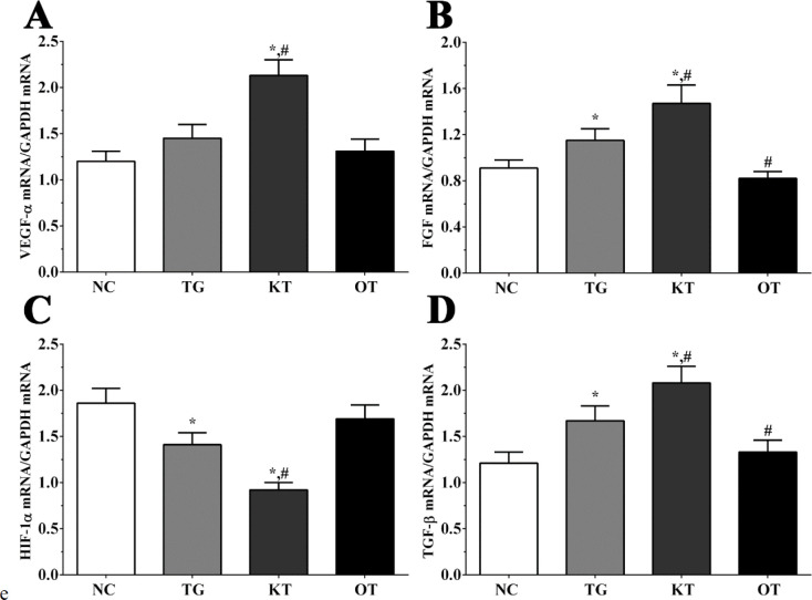 Effect of taxifolin on expression of angiogenesis related genes of mice model. (A) Expression of VEGF-α mRNA. (B) Expression of FGF mRNA. (C) Expression of HIF-1α mRNA. (D) Expression of TGF-β mRNA. *P < 0.05 vs. NC group, #P < 0.05 vs. TG group. Data was presented as a mean ± SD. Each experiment was repeated for three times independently