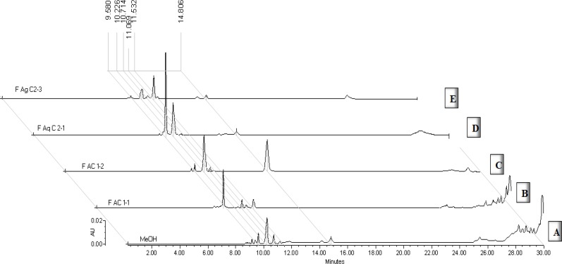 Chromatographic profile by HPLC of several fractions from leaves of Tilia americana (wave length λ= 350 nm for flavonoids and λ= 325 nm for caffeic acid). Tiliroside, RT=14 min; Quercitrin, RT= 10 min; 3-O-Quercetin glucoside, RT = 9.5 min; 7-O-Luteolin glucoside, RT= 11.06 min and caffeic acid, RT = 9.3 min