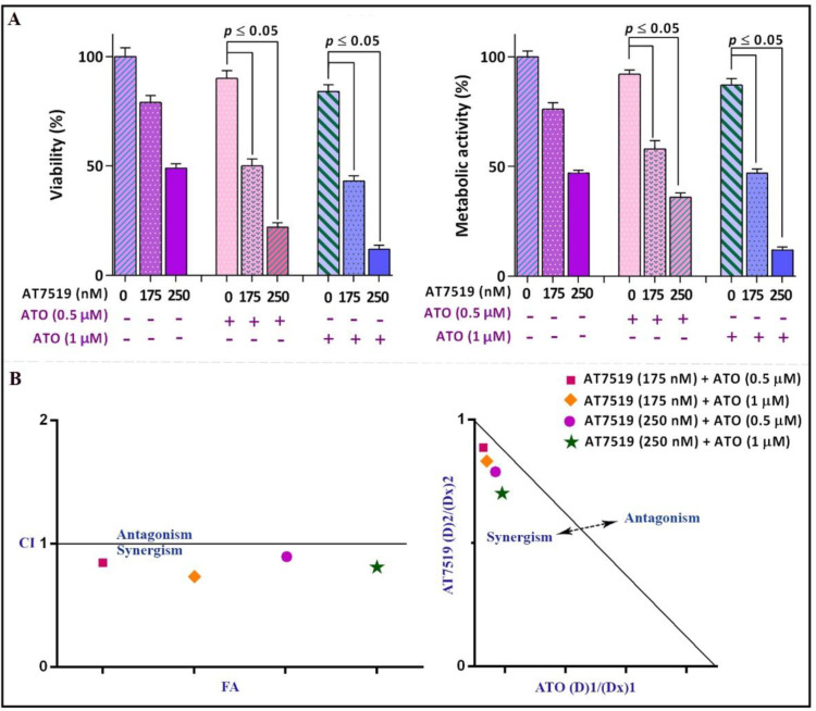 Surveying the synergistic impact of AT7519 and arsenic trioxide (ATO). (A) AT7519 could magnify the anti-leukemic influence of ATO in NB4 cells. (B) The results of both combination index (CI) and isobologram highlighted the synergistic effect between AT7519 and ATO. Values are provided as mean ± SD of three separated tests. P ≤ 0.05 represents considerable alters from untreated control