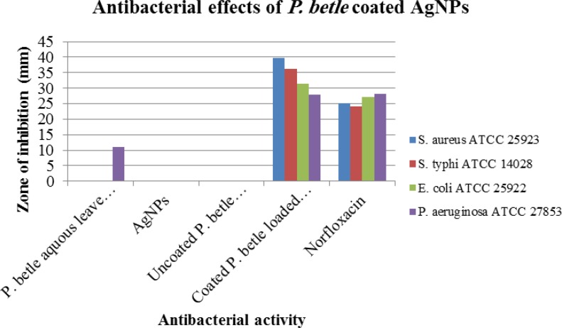 Graphical representation of the antibacterial activity of P. betle formed Ag-NPs on S. aureus ATCC 25923, E. coli ATCC 25922, S. typhi ATCC 14028, P. aeruginosa ATCC 27853