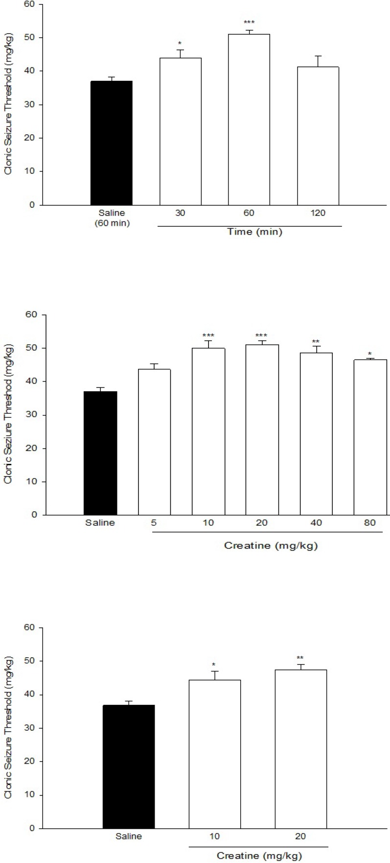 (a) Time course of the anticonvulsant effect of creatine (20 mg/Kg) (b) Effect of acute creatine treatment (c) Effect of sub- chronic creatine treatment on intravenous PTZ-induced seizure threshold in mice. Creatine was administered intraperitoneally. Data are means ± SEM. *P < 0.05, **P < 0.01 and ***P < 0.001 compared with the saline group. Each group consisted of eight to ten mice