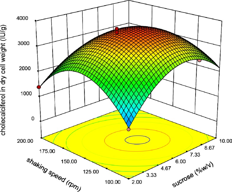 Response surface plot indicating the effect of shaking speed and sucrose interaction on cholecalciferol amount per dry cell weight of S. cerevisia