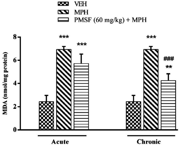 Effect of chronic or acute administration of PMSF on naloxone-induced alterations in the brain MDA level in morphine-dependent mice. In the chronic study, animals received PMSF (60 mg/kg, i.p. twice daily for 10 days) 30 min before morphine (10 mg/kg, s.c. twice daily for 10 days) and on day 11 in the expression phase, animals received PMSF (60 mg/kg, i.p.) 30 min before last morphine (10 mg/kg, s.c.) injection. In the expression phase, animals received morphine (10 mg/kg, s.c. twice daily for 10 days) and on the 11th day PMSF (60 mg/kg, i.p.) 30 min before last morphine (10 mg/kg, s.c.) injection. Naloxone (4 mg/kg) was injected into mice on the 11th day, 2 h after morphine. Each point represents the means ± SEM. (n = 8). *P < 0.05, **P < 0.01, ***P < 0.001 vs. vehicle-treated group, ###P < 0.001 vs. morphine-treated group, alone. (ANOVA Tukey's multiple comparisons test)