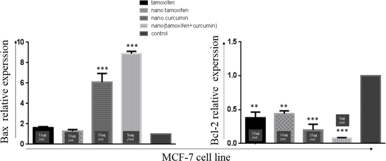 Expression of Bax and BCL-2 in treatment of MCF-7 with Tamoxifen (11 µg/mL), nanoTam (11 µg/mL), nanoCur (25 µg/mL) and nanoTC (5 µg/mL). in this investigation, duplicate aliquots of all RNA samples were used in separate qPCR amplification. P value< 0.001*** and P value<0.01**.