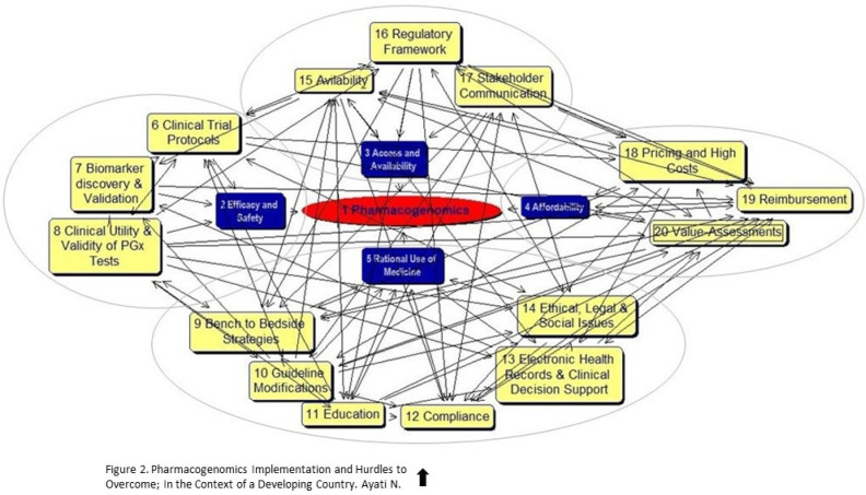 Collective cognitive map, indicating the multifaceted network of nodes and connections. Note: The map is not to be read. Dynamic challenges are centered around pharmacogenomics adoption, as the strategic goal. Main issues are shown in blue boxes; and sub-issues, clustered in gray circles are indicated in yellow boxes. PGx: pharmacogenomics