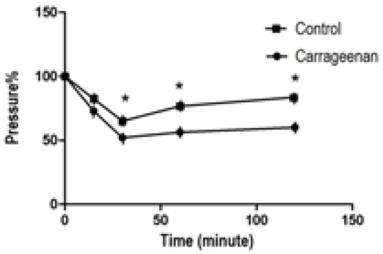 Time course of hyperalgesia observed following local administartion of carrageenan (0.1 mL) in rats. Each point represents the mean ± S.E.M. (n = 10). *p < 0.05 when compared to control group
