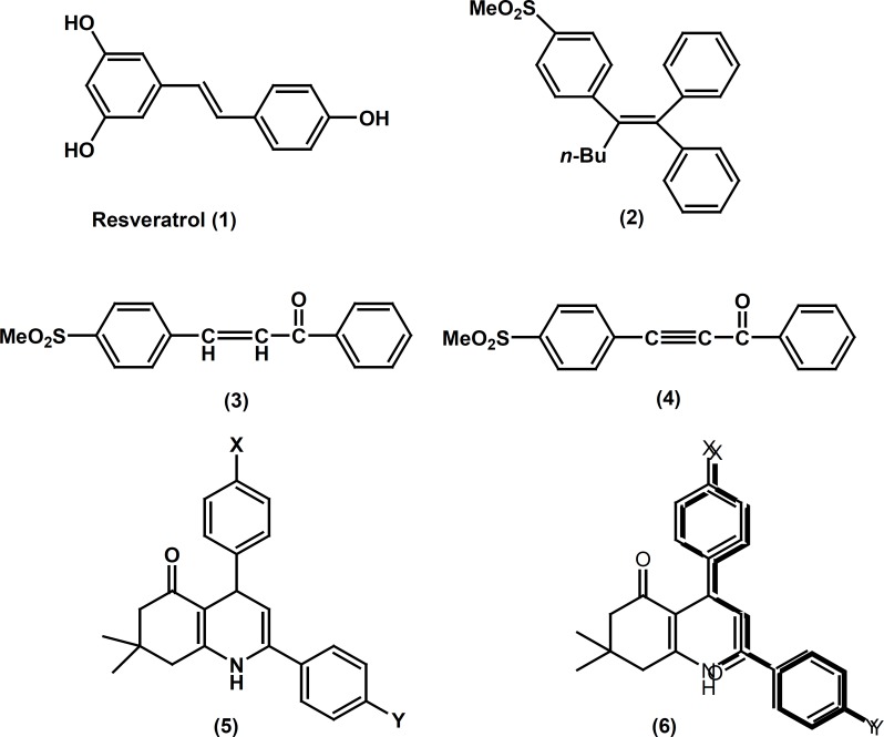 Some representative examples of a selective cyclooxygenase-1 (1), cyclooxygenase-2 (2-4) inhibitors, designed molecules (5) and overlay of our design molecules on lead compound 3 (6).