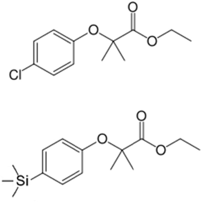 Chemical structure of clofibrate (upper panel) and silafibrate (lower panel)