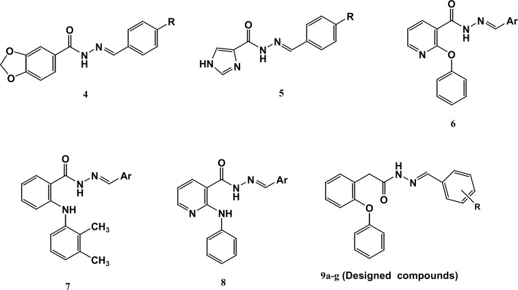 Representative examples of hydrazone derivatives 48- and designed compounds (9a-g