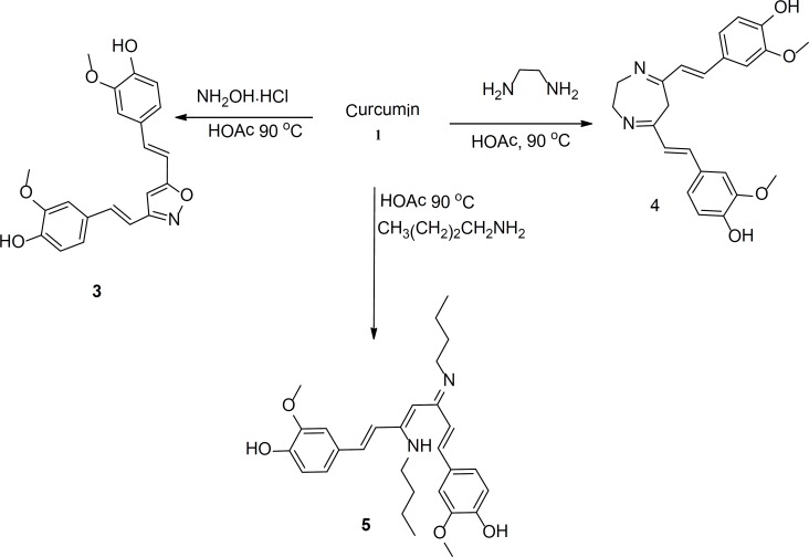 Curcumin based isoxazoles, diazepine, and amine prepared form reacting curcumin with various amines.