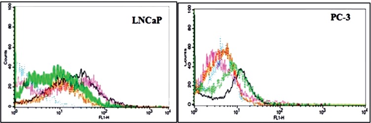 Comparison of flourescent intensity of the finally selected aptamers with the original library binding to LNCaP and Pc3 cell lines. The blue line is for Library, the purple line is for 4th SELEX , the green line is for 7th SELEX, the black line is for 9th SELEX and the brown line is for 10th SELEX