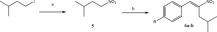The synthetic pathway for preparation of Aryl-4-methyl-2-nitropent-1-ene (6a-b). Reagents and conditions: a) Isopentyl iodide, sodium nitrite, DMF, 0 °C; b) n-BuNH2, methanol and acetic acid, 0 °C, under argon.
