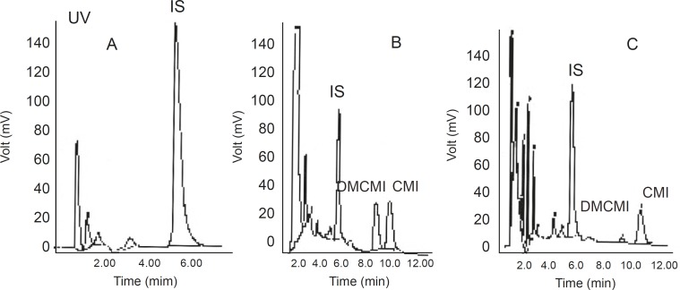 Chromatograms of blank human plasma and the internal standard (A), control plasma spiked with clomipramine and the internal standard (B), and plasma from a healthy subject 6 hours after ingestion of a clomipramine tablet (C).