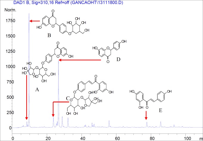 HPLC chromatogram of TFF (Major peaks were identified by comparison with standard compounds. Liquiritin apioside (A), liquiritin (B), Isoliquiritin apioside(C), liquiritigenin (D) and Isoliquiritigenin (E