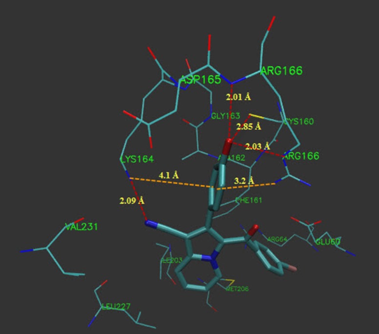 Hydrogen bonds and π-cation interactions of compound 5g with active site residues of PtpB (Protein tyrosine phosphataseB).