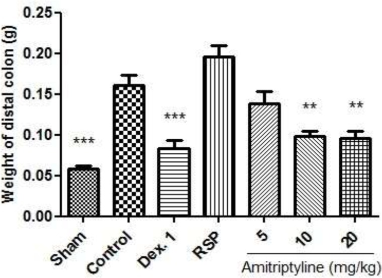 Effect of amitriptyline (5, 10, 20 mg/kg, i.p.) on weight of distal colon in reserpine (6mg/kg) induced depressed rats; i.p. =intraperitoneally, RSP= reserpine (6mg/kg), Dex.1 = dexamethasone (1mg/kg); Animals were also induced colitis; Values are presented as mean ± S.E.M of six rats in each group; ** P<0.01, *** P < 0.001 compared to control, one-way ANOVA followed by Tukey test