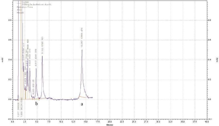 Sample HPLC chromatogram of AZGH 102 (b) and diclofenac as internal standard (a) in plasma. The separation was done with buffer phosphate (10 mM) at pH = 2.7 and acetonitrile (50:50 (v/v)) as mobile phase and the flow rate of 1.5 – 2 mL/min in gradient mode at time interval of 0 – 17 min