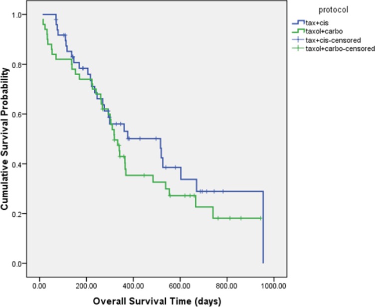 Kaplan-Meier overall survival curve in patients in DC and PC arms