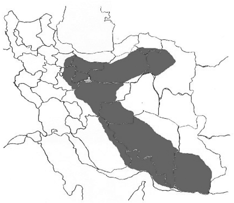 Geographic distribution of the yellow Iranian scorpion (O.doriae).