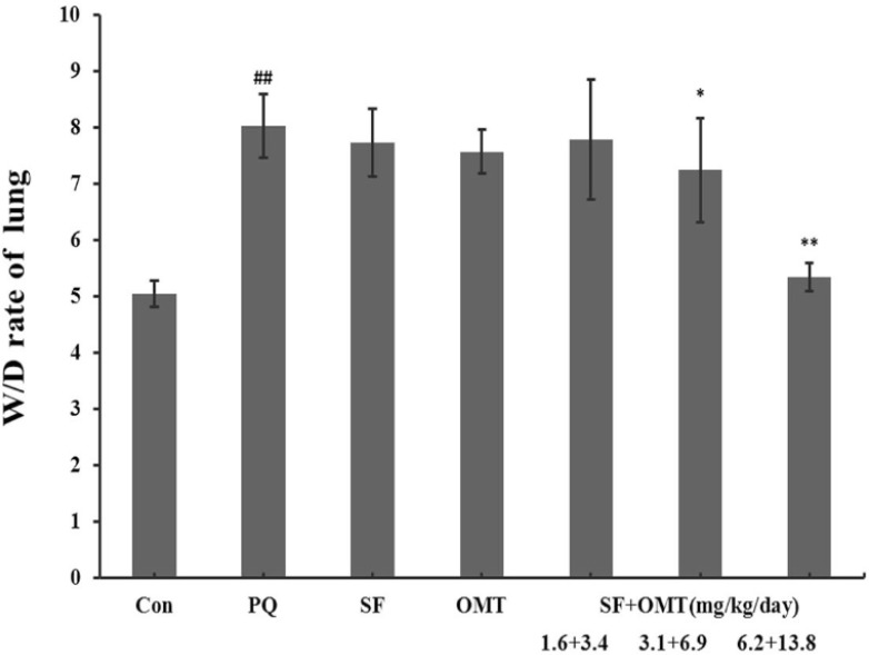 Effects of SF and OMT combination on the lung Wet/Dry (W/D) ratio of PQ intoxication rats. CON, PQ, SF and OMT represent the control group, paraquat group, sodium ferulate group (3.1 mg/Kg/day) and oxymatrine group (6.9 mg/Kg/day), respectively. SF+OMT represents sodium ferulate and oxymatrine combination treatment groups, and the 1.6 + 3.4, 3.1 + 6.9 and 6.2 + 13.8 respectively represent drug administration doses of SF+OMT in the low dose group, middle dose group and high dose group. The lung W/D ratio was determined at 56 h after the PQ injection. Data are expressed as means ± SEM. n = 10 in each group. ##P < 0.01 compared with the control group. *P < 0.05, **P < 0.01 compared with the PQ group