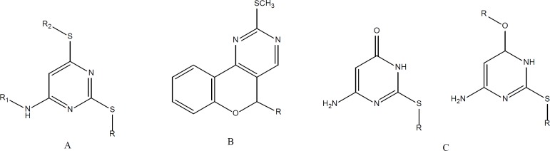 Active antiplatelet pyrimidine derivatives. A. 6-alkylamino-2,4-dialkyl(aryl)thiopyrimidines [7], R = Me,