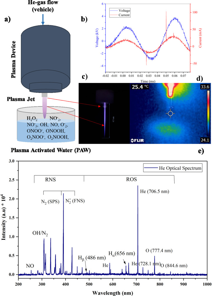 Physical characterization of plasma source during treatment of water: (a) schematic diagram of plasma source (b) representation of voltage (blue) and current (red) waveforms (c) He plasma jet used in this study (d) thermographic picture of plasma jet and (e) typical optical emission spectra of He plasma in air. All data was recorded at 4 kV and 20 kHz
