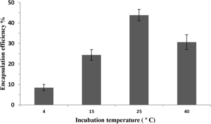 Effect of incubation temperature on P5 encapsulation efficiency. Incubation time was 1 h. Error bars indicate the standard deviation of triplicate measurements