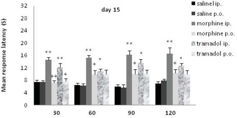 Comparisons of response latency in hot plate test every 30 min after drug administration at day15. The rats were treated with saline, morphine or tramadol (cumulative doses, either IP or PO) for 15 consecutive days. They were tested individually for nociceptive response in hot plate test at 30, 60, 90, and 120 min after treatment. * indicates p< 0.05, ** p< 0.001 with similar saline group (e.g. morphine IP with saline IP); + indicates p<0.05, ++ p<0.01 with alternative method of administration (e.g. morphine IP with morphine PO).