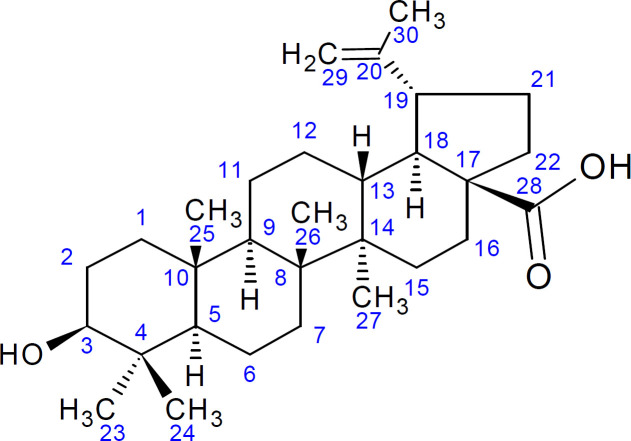 Structure of 3β-hydroxyllup-20(29)-en-28-oic acid (Betulinic acid).