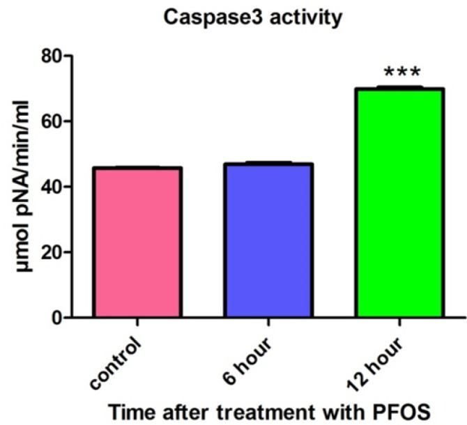 Activity of caspase-3 in human lymphocytes following PFOS treatment. The effect of PFOS on activity of caspase-3 in cultured human lymphocytes. Caspase-3 activity was assessed after treatment of human lymphocytes with IC50 (150 µM) of PFOS for 6 and 12 h. PFOS (150 µM), significantly (P < 0.05) increased activity of caspase-3 in human lymphocytes after 12 h incubation in comparison with control. *P < 00.05, **P < 0.01 and ***P < 0.001.