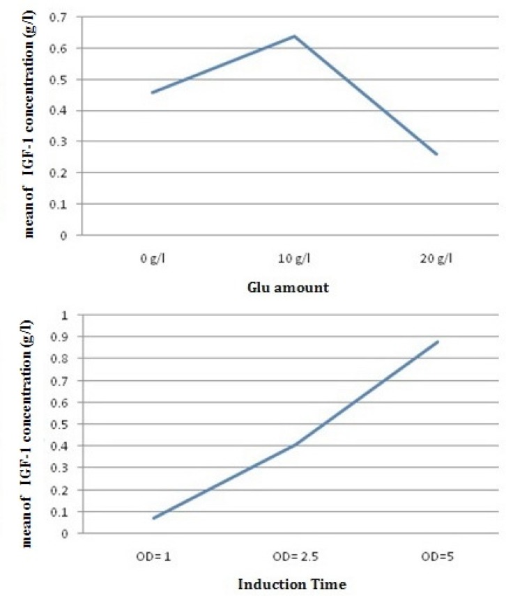 The average effect of glucose amount and induction time on rhIGF-1 concentration (g/L) in batch cultures of E.coli Origami (B/DE3).