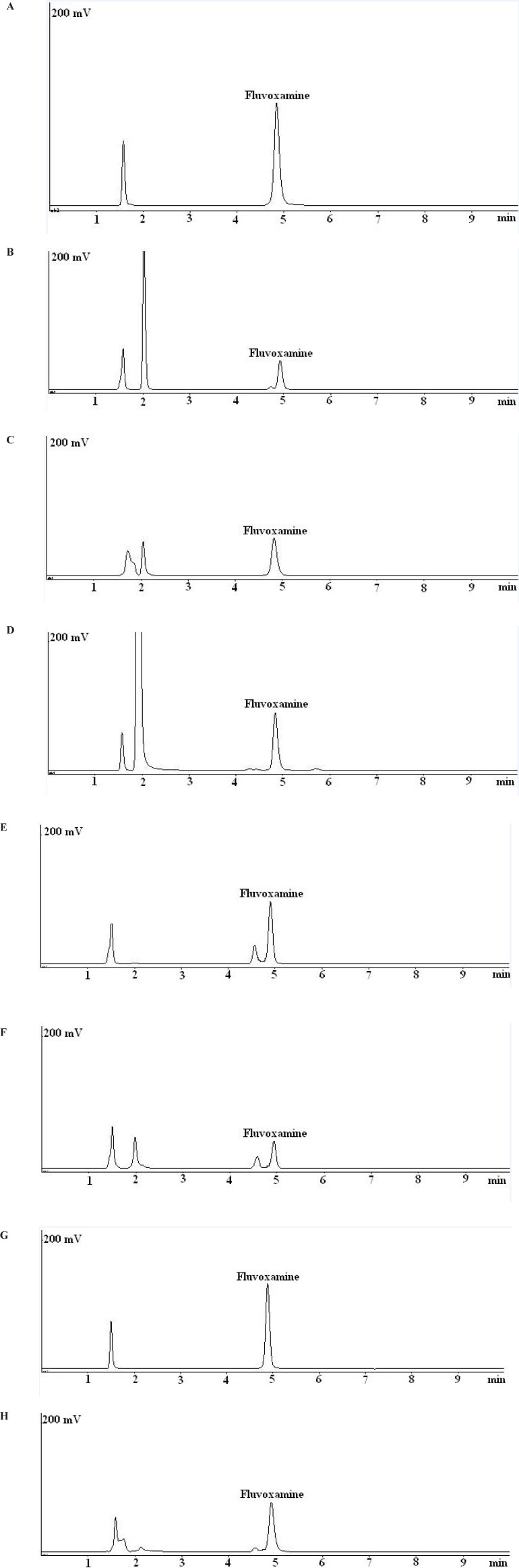 Typical chromatograms obtained from stability studies of fluvoxamine maleate. (a) fluvoxamine maleate standard solution (50 mg/mL); (b) fluvoxamine maleate solution in 0.5 M HCl after 10 min at 80 °C; (c) fluvoxamine maleate solution in 2 M NaOH after 40 min at at 80 °C; (d) fluvoxamine maleate solution in 10% H2O2 after 30 min at 80 °C; (e) fluvoxamine maleate bulk powder after 5 days exposure to UV light; (f) fluvoxamine maleate solution after 5 days exposure to UV light; (g) fluvoxamine maleate solution after 5 days exposure to visible light; (h) fluvoxamine maleate solution after 5 days exposure to heat