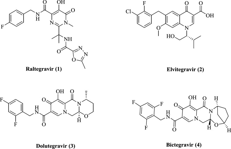 Structure of FDA-approved IN inhibitors (Raltegravir 1, Elvitegravir 2, Dolutegravir 3, Bictegravir 4)
