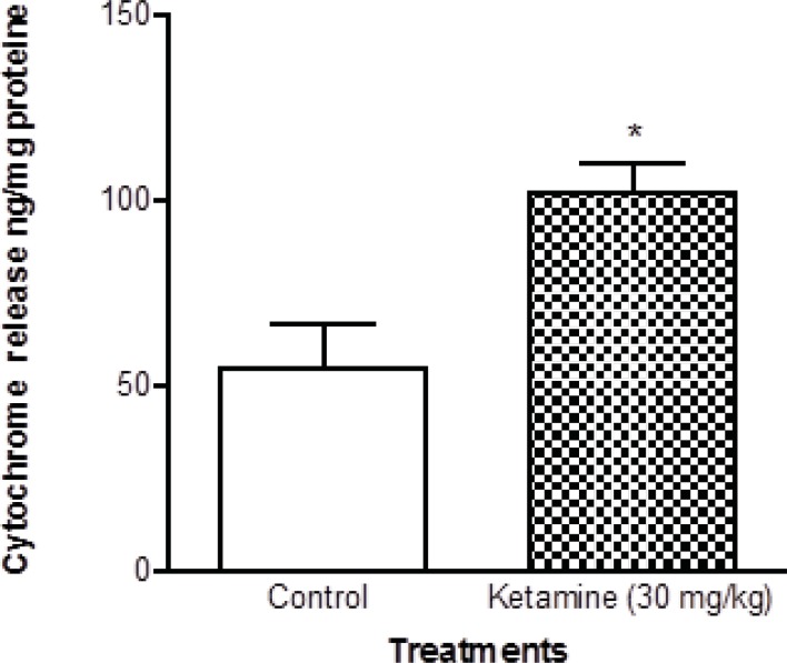 Cytochrome c in the brain mitochondria isolated from ketamine (30 mg/Kg ip × 5 days) treated rats compared with those of control rats. Cytochrome c release was measured by ELISA kit as described in Experimental. Values are presented as mean ± SD (n = 3). *:Significant difference in comparison with control mitochondria (p < 0.05).