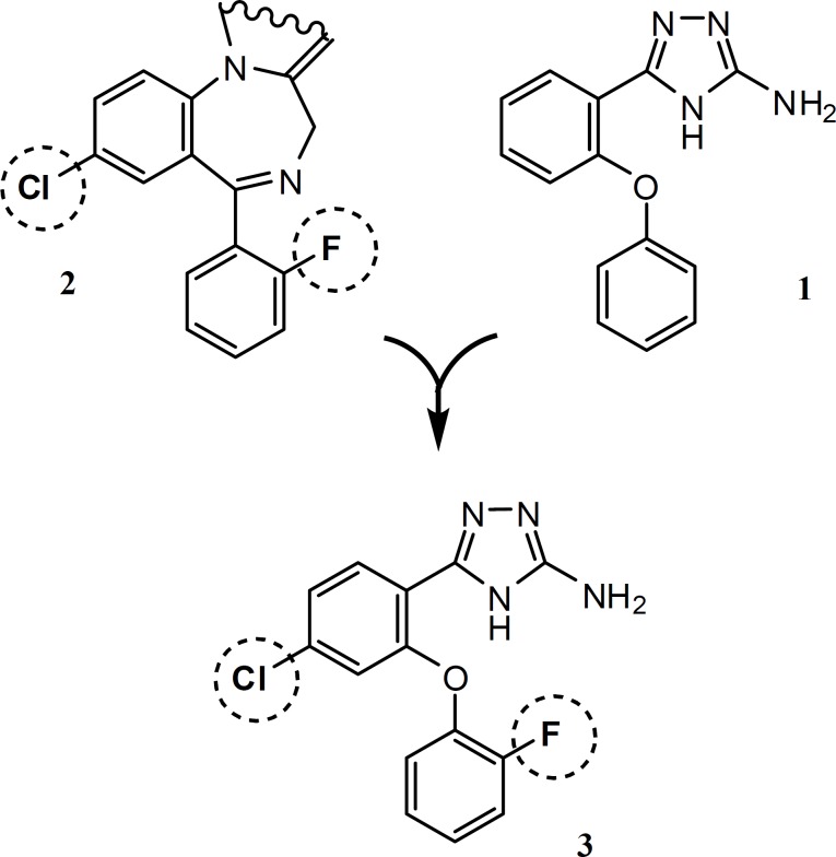 The st ructure of the designed compound3, reference molecule 1 and benzodiazepines 2.