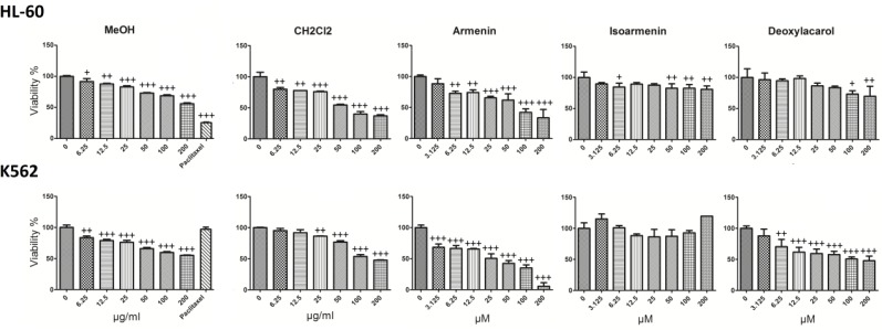 The concentration-dependent effects of CH2Cl2 and MeOH extracts (0-200 μg/ml) and 7-hydroxy-8-(4-hydroxy-3-methylbutoxy) comarin (armenin), 8-hydroxy-7-(4-hydroxy-3-methylbutoxy) comarin (isoarmenin) and deoxylacarol on the viability of K562 and HL-60 cells. Among three compounds armenin exhibited high cytotoxic activity against apoptosis-proficient HL-60 and apoptosis-resistant K562 cells, with IC50 values ranging from 22.5 to 71.1 μM with much less cytotoxic effects on normal human lymphocytes. Paclitaxel 1 μM was used as positive control. Values were mean±SD of at least three independent experiments, each in triplicates. +P < 0.05, ++P < 0.01 and +++P < 0.001 compared to control.