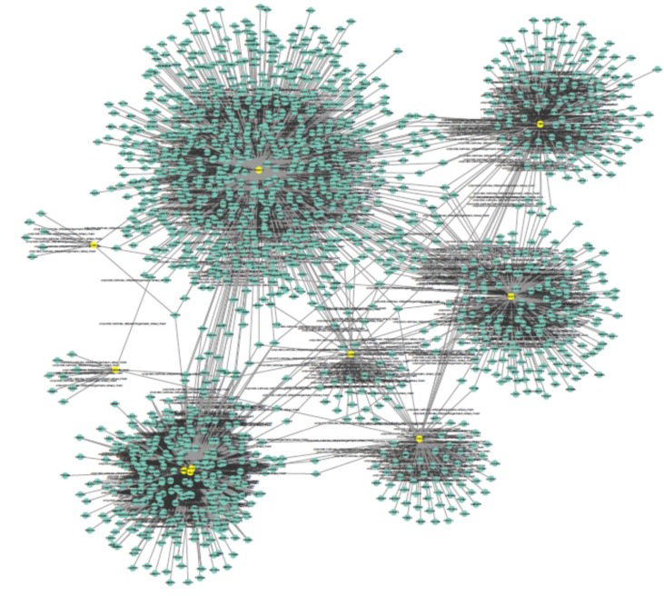 Protein-protein interaction network of ten common genes in OCD and Schizophrenia is shown. The PPI network is comprised of 1565 nodes and 2133 edges using Cytoscape 3.3.0. The yellow colored nodes are the ten query genes and the added genes are colored in green