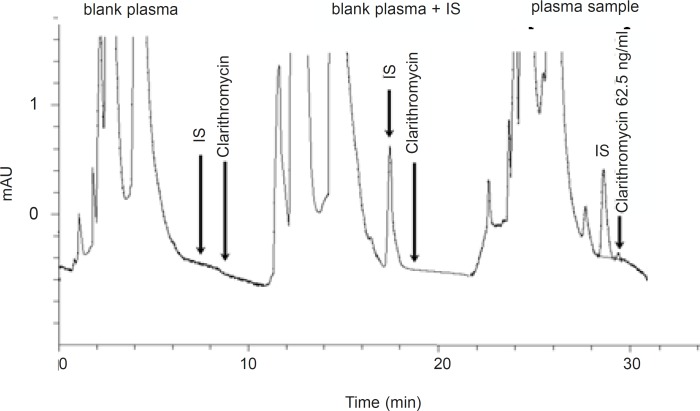 Representative chromatogram of a typical blank plasma sample and different clarithromycin standard concentrations in plasma samples