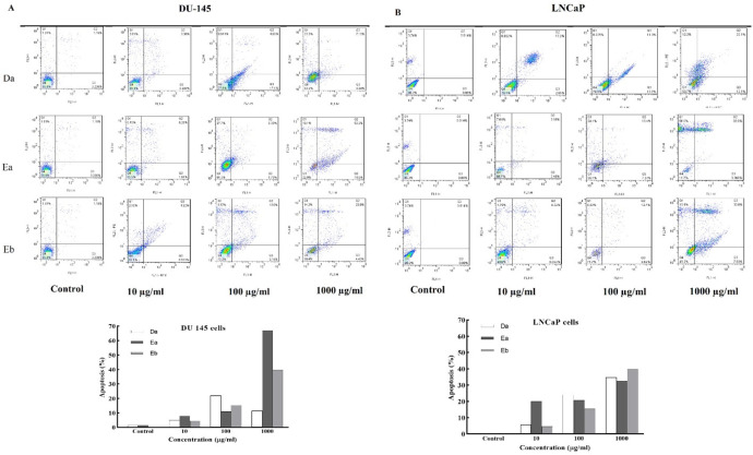 DSAFs induced cell death by apoptosis in prostate cancer cells. Cells were treated with various concentrations of D.semibarbatum fractions (10, 100 and 1000 µg/mL) for 48 h, and then annexin V/PI-stained cells were analyzed using flow cytometry. The results wereshown as flow cytometry charts in DU‐145 (A) and LNCaP (B) cells. Data are presented as the mean ± SD (n = 3). *P < 0.05 and **P < 0.01 vs. control group