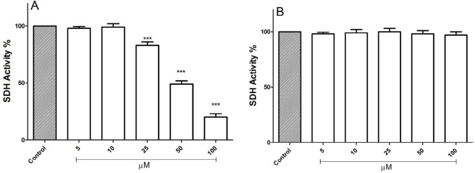 Effect of FDMPO on succinate dehydrogenase activity in melanoma and normal fibroblcytes mitochondria. This figure demonstrates the effect of the FDMPO on succinate dehydrogenase activity in both melanoma (A) and normal fibroblcytes mitochondria (B). Mitochondrial succinate dehydrogenase activity was measured by MTT assay within 1 h after FDMPO exposure. Values were expressed as mean ± SD of three separate determinations. (***p < 0.001 vs. untreated control with FDMPO. Assays were performed in triplicate (n = 3)