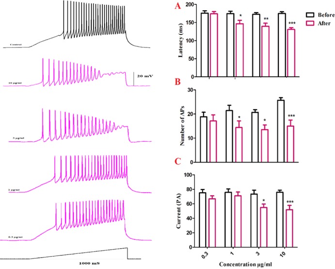 Changes in firing properties of SON cells in response to ramp currents. (A) Representative spike firings of SON cells in response to ramp current clamp before and after venom application. Bath application of venom induced significant decrease in latency of the first AP (B), a significant decrease of current required to evoke the first AP (C), and a significant decrease in AP numbers (D). Data are shown as mean ± SEM. *p <0.05, **p <0.01, ***p <0.001 significant difference compared with the values before venom application