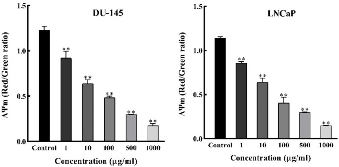 Depolarization of mitochondrial membrane potential in prostate cancer cells. After treatment with increasing concentrations of Ea (selected alkaloid fraction of D. semibarbatum) for 48 h, cells were loaded with JC-1 dye and the ΔΨm was directly measured. Values are presented as means ± SD (n = 3). *P < 0.05 and **P < 0.01 vs. control group