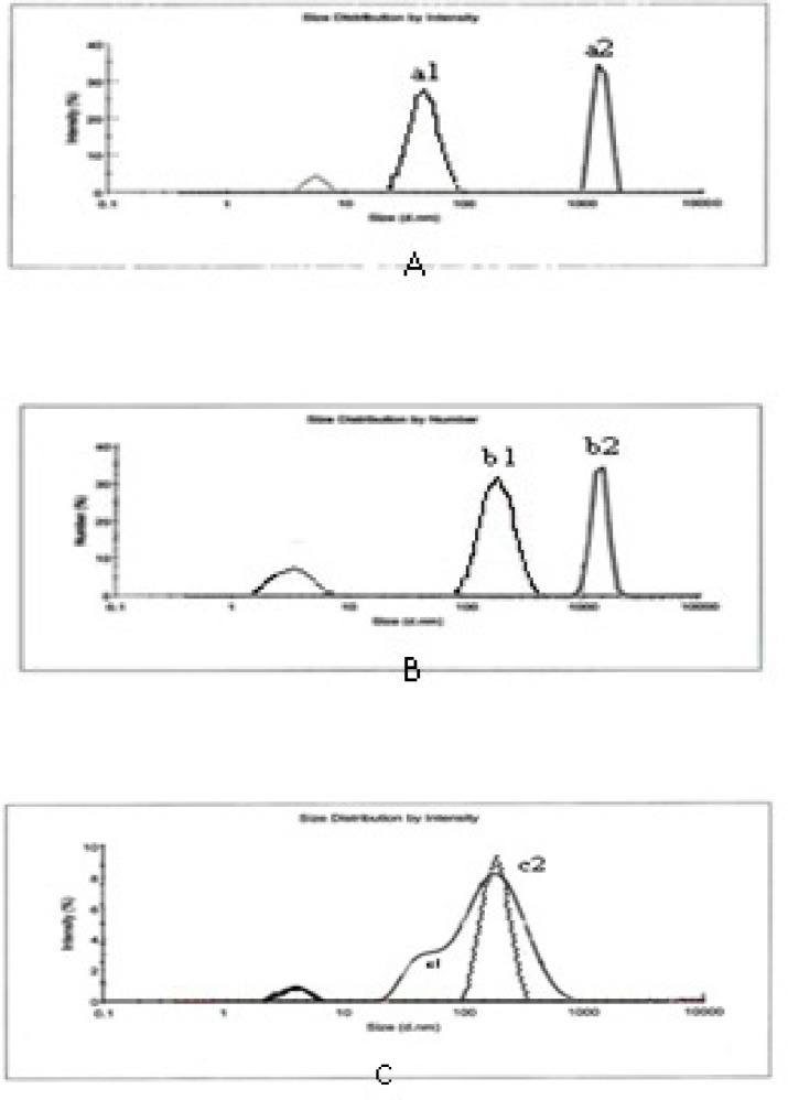 Stability of silver Kushta suspension [IKAg (A), PKAg (B) and AgNPs colloid system (C)]. a1, b1, c1 show the first curves and a2, b2, c2 show the second curves of silver component