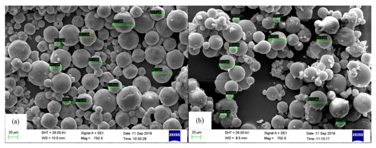 SEM images of Yb-PLLA microspheres (a) before and (b) after 4 h neutron activation, respectively