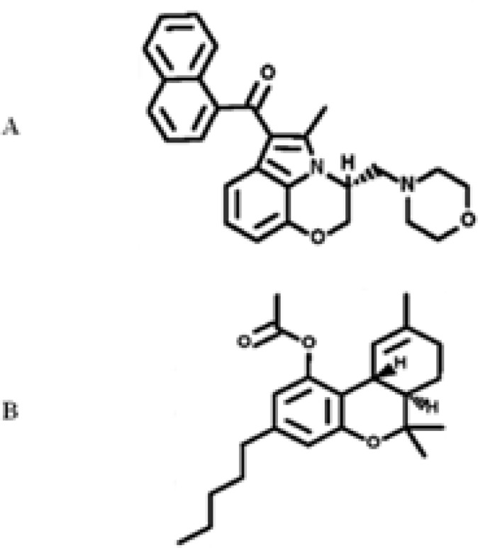 The structure of synthetic cannabinoid agonists WIN 55,212-2 (WIN). Molecular formula (MF) of C27H26N2O3 and molecular weight (MW) of 426.51 (A) and tetrahydrocannabinol (THC), MF of C21H30O2, and MW of 314.46 (B) drawing by PubChem program (http://www.ncbi.nlm.nih.gov/pccompound).